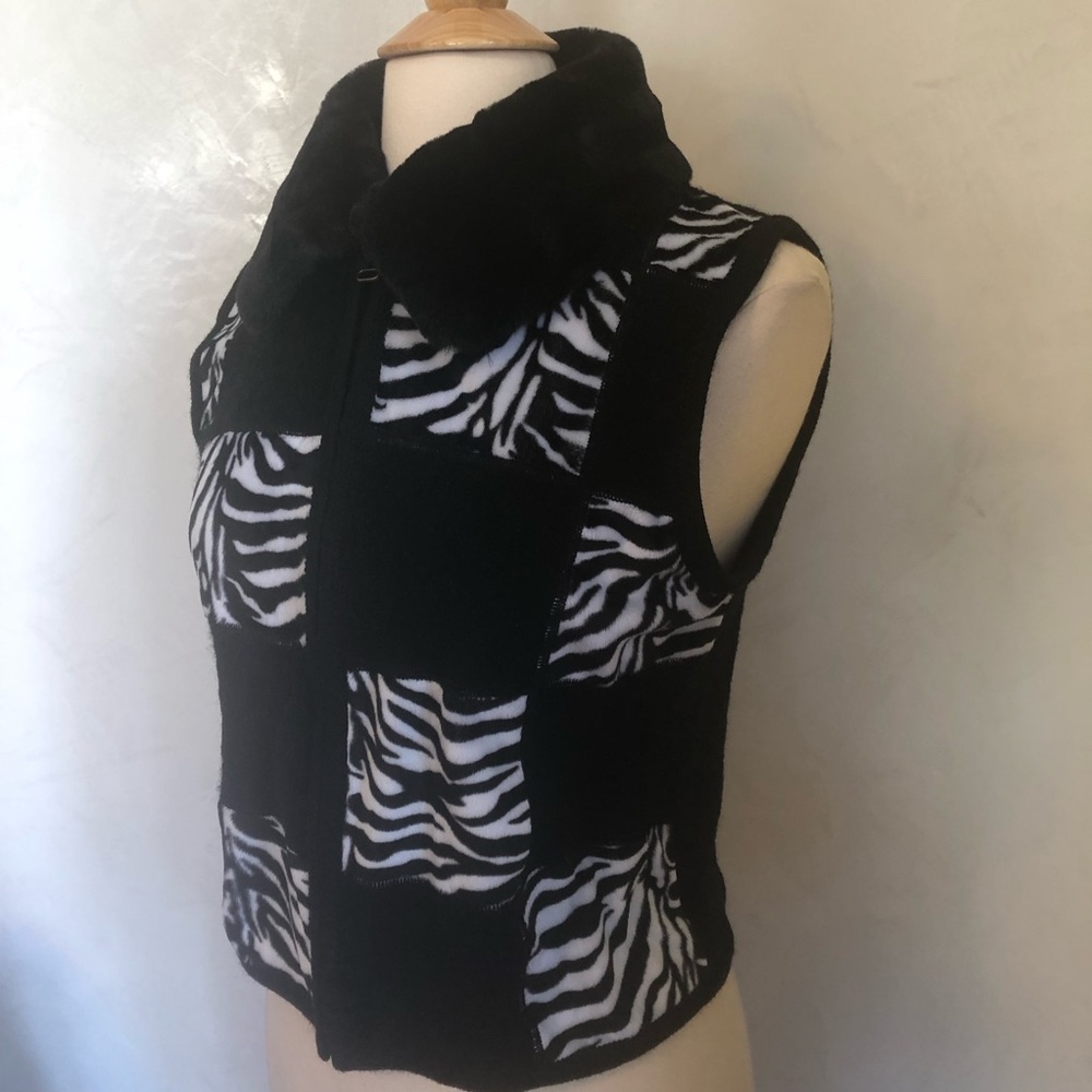 Tally Ho Black Wool Vest w/leopard patchwork & faux fur detachable collar Size M - Picture 5 of 15